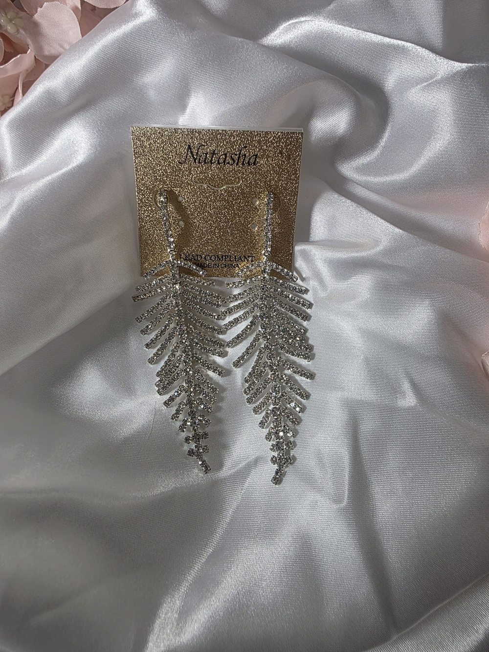 Natasha Couture Silver Crystal Leaf Drop Earrings